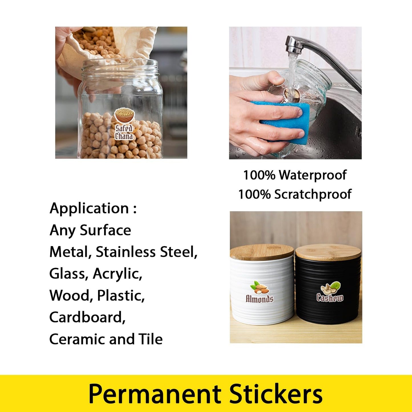 (3D Stickers + Black and White Stickers ) Waterproof Kitchen Jar Label Stickers